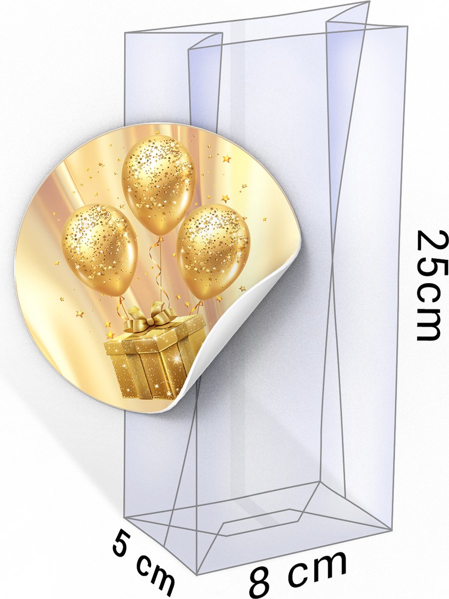 20x Uitdeelzakjes + Goud Stickers - 80 x 50 x 250mm | Blokbodemzakjes transparant | Plastic Zakjes | Cellofaanzakjes | Uitdeelzakjes transparant | Uitdeelzakjes kinderfeestje | Cadeauzakjes | Inpakzakjes | Traktatie zakjes